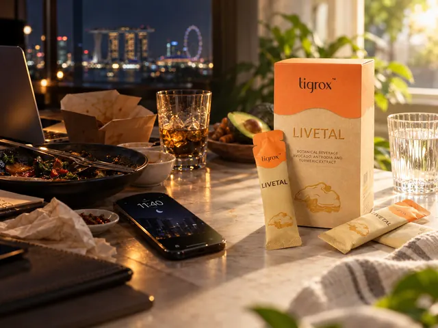 Late night: an unfinished dinner, a drink and a phone showing 11:40. Morning: a LIVETAL box and sachets in the sunlight.