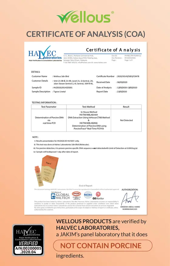 No porcine DNA detected certificate, tap to enlarge
