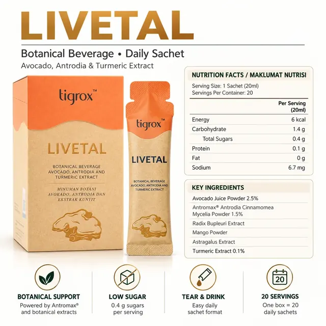 LIVETAL nutrition facts and key ingredients: 6 kcal and 0.4 g sugars per 20 ml sachet, 20 sachets per box