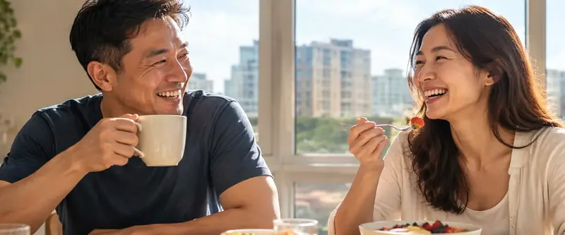 A couple laughing over breakfast in a sunny kitchen
