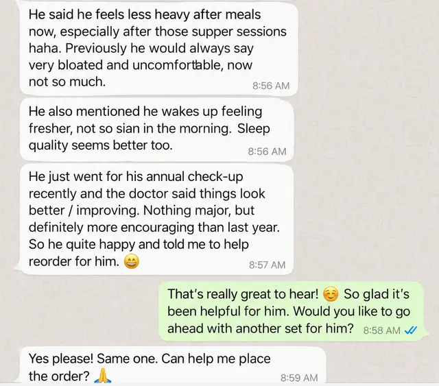 Customer WhatsApp chat: her husband feels less heavy after meals and fresher in the morning. His annual check-up looked better, and she reordered for him.