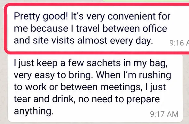 Customer WhatsApp message: Very convenient for me because I travel between office and site visits almost every day.