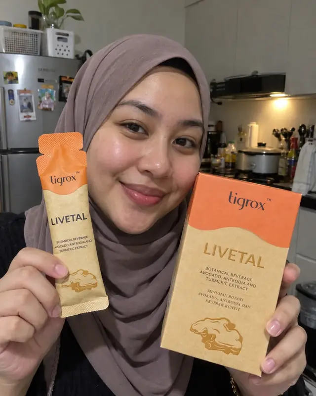 A woman in a hijab holding a LIVETAL sachet and box in her kitchen