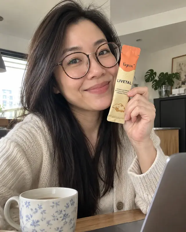 A woman with glasses holding a LIVETAL sachet beside a cup of tea and a laptop