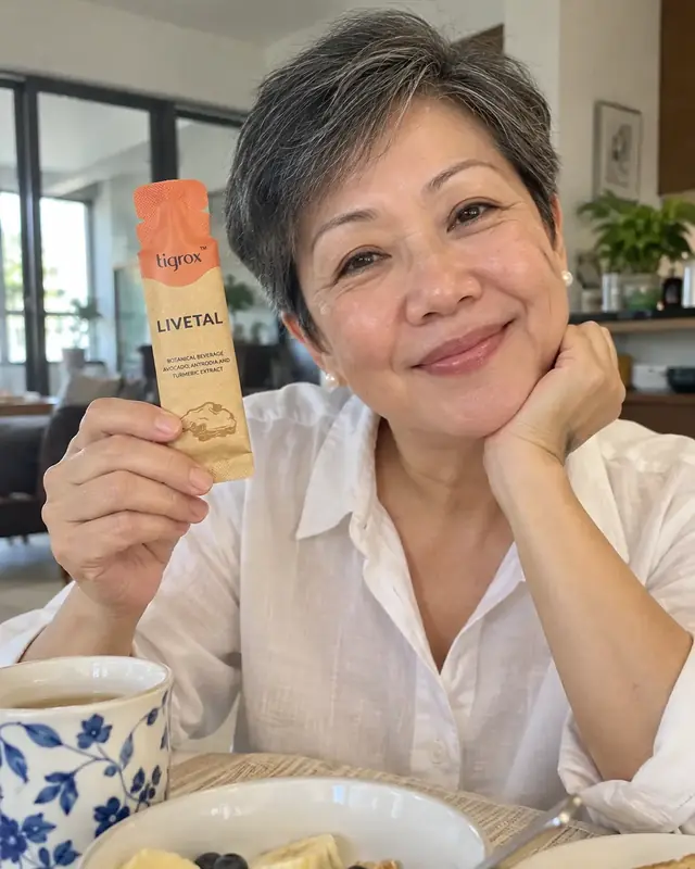 A woman holding a LIVETAL sachet at a breakfast table