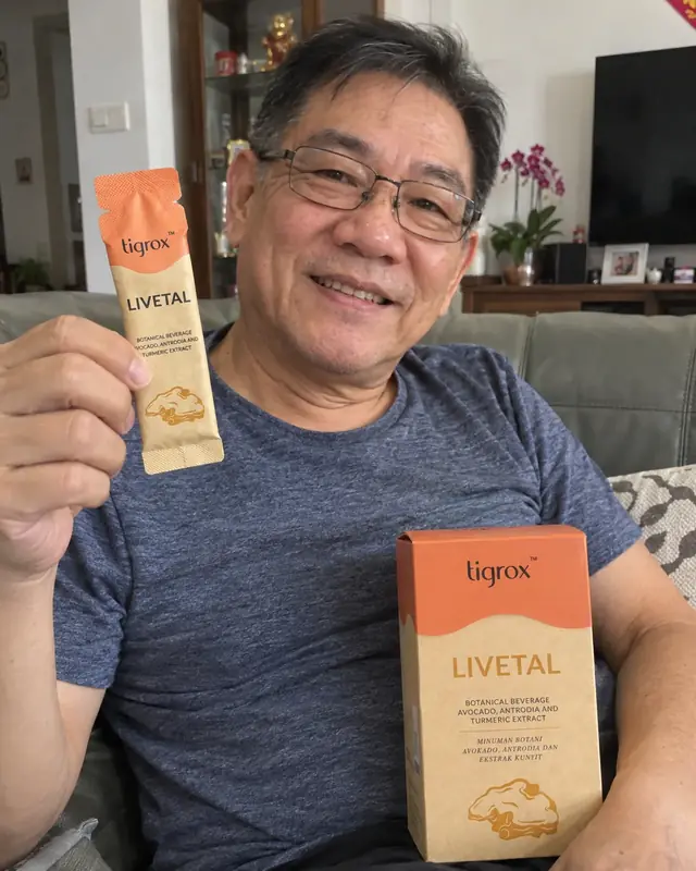 A man with glasses holding a LIVETAL sachet and box on the sofa